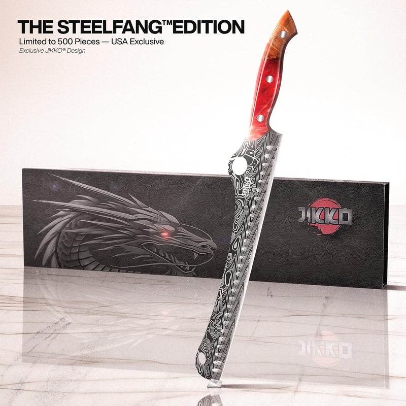 JICKO ® SteelFang Edition – Japanese Brisket Knife 12" with Olive Wood & Red Epoxy Handle | Premium Butcher & Carving Knife for Meat, BBQ, and Brisket Slicing – Ultra Sharp Stainless Steel Blade - Image 2